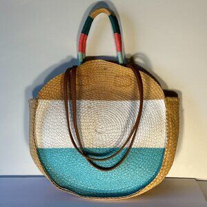 Round Rattan Woven Large Tote Bag Bright Trim resort beach summer vacation